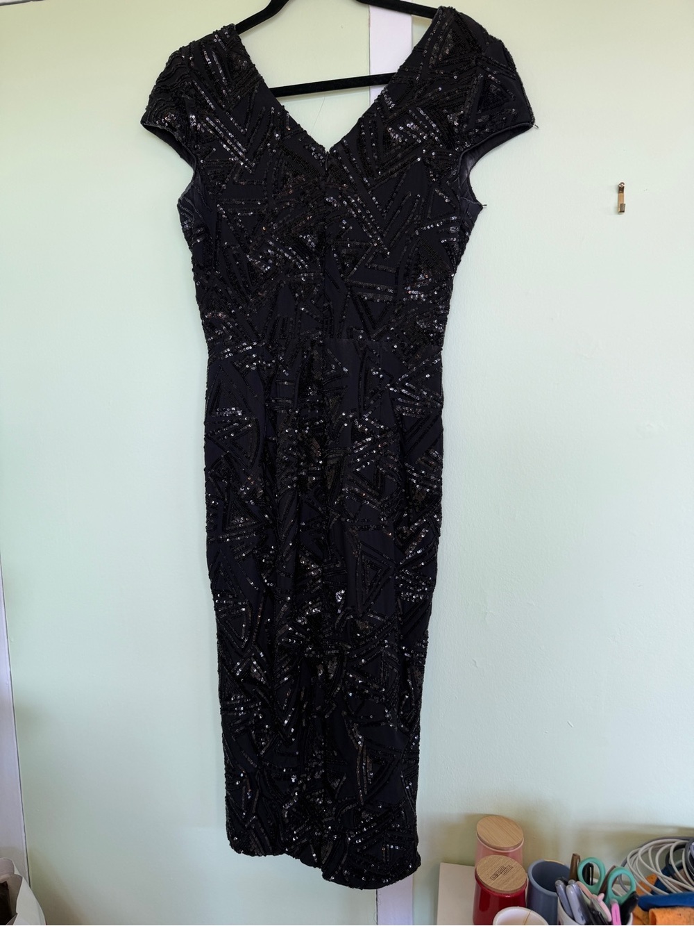 Dress The Population Elegant Black Sequin Cap-Sleeve Evening Dress sz Medium